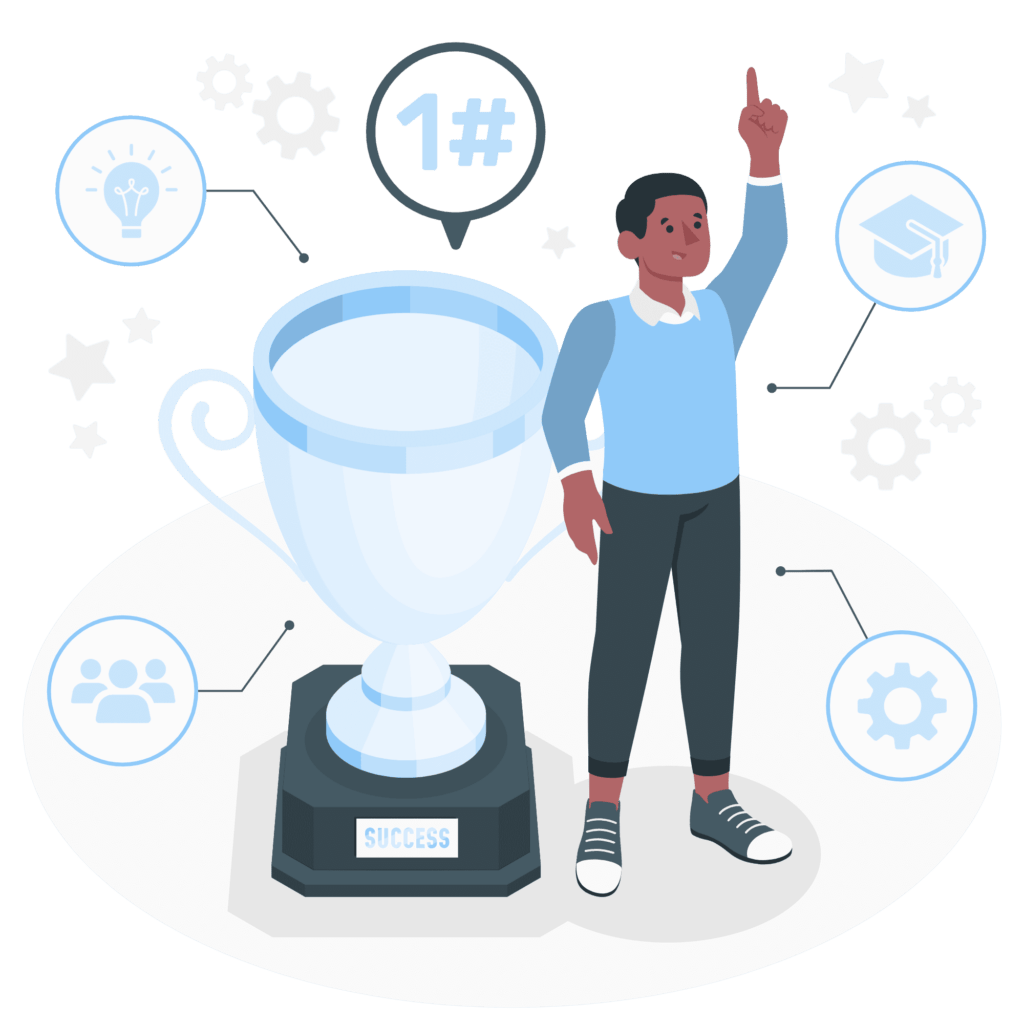 Illustration des leviers de la performance et de la satisfaction au travail avec une personne célébrant le succès, entourée de symboles d'innovation, d'éducation, de collaboration et d'efficacité. Bien-être au travail et performance