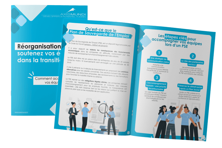 Mockup du guide 'Réorganisation : soutenez vos équipes dans la transition' expliquant les étapes clés pour accompagner vos équipes lors d'un Plan de Sauvegarde de l'Emploi (PSE).