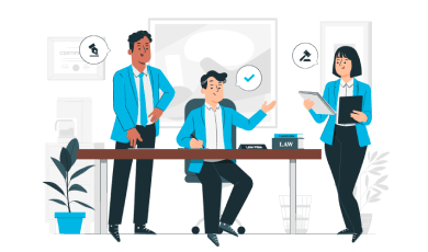 Illustration de collaborateurs en discussion autour d’une table, symbolisant l’expertise d’un cabinet de conseil en santé et sécurité au travail pour prévenir les risques professionnels.