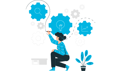 Personne agenouillée manipulant des engrenages bleus avec plante en pot à côté.