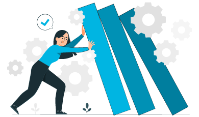 Une femme stabilisant des dominos géants entourés d’engrenages, illustrant la gestion de crise sociale et la prévention des effets en chaîne dans l’entreprise.