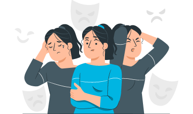 Une femme exprimant différentes émotions, entourée de masques illustrant les hauts et les bas émotionnels, symbolisant les défis émotionnels en gestion de crise.