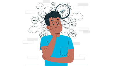 Homme pensif en chemise bleue devant une horloge indiquant 3h10 avec des nuages et symboles.