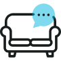 Icône un canapé avec une bulle de discussion, symbolisant l'activation d'une cellule psychologique pour accompagner les salariés en gestion de crise.