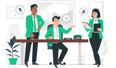 Trois professionnels en vert discutent dans un bureau avec lois, diplômes et plantes.