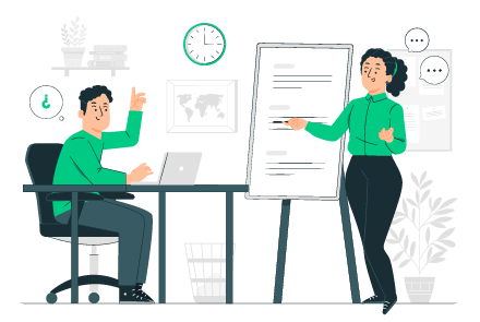 Illustration d’un formateur dirigeant une session de coaching en salle, symbolisant le développement professionnel des managers et dirigeants.