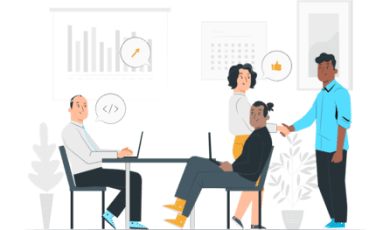 Deux collaborateurs en entretien individuel, symbolisant l’accompagnement personnalisé dans le cadre de la formation santé sécurité au travail.