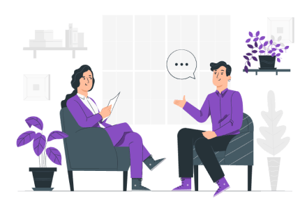 Illustration de collaborateurs échangeant avec un psychologue dans le cadre d’un soutien psychologique en entreprise.