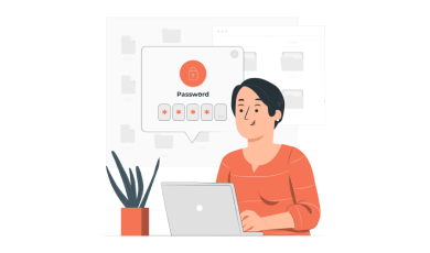 Illustration d'une personne utilisant un ordinateur avec un cadenas visible, symbolisant la sécurité et la confidentialité des données personnelles en santé mentale sur Webble Care.