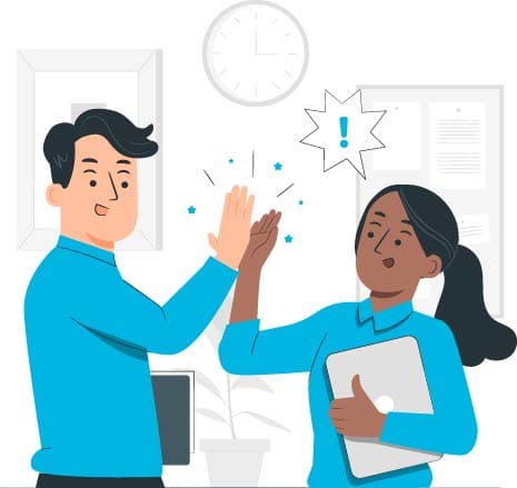 Illustration de deux collègues se félicitant avec un high-five, représentant la motivation, la collaboration et l'engagement lors de la semaine de la QVCT en entreprise.
