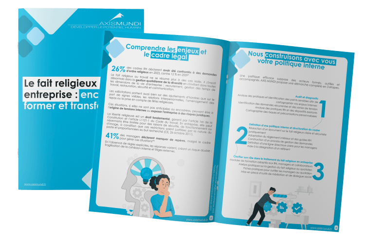 Mockup du guide AXIS MUNDI sur le fait religieux en entreprise, présentant les enjeux, le cadre juridique et les solutions pour les employeurs.