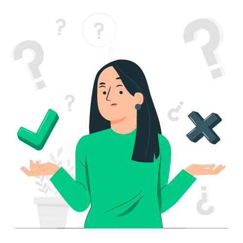 Femme en pull vert tenant une coche verte et une croix noire, entourée de points d'interrogation.