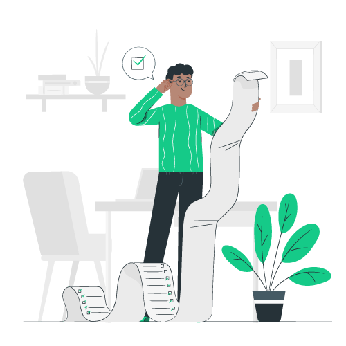 Homme dans un bureau moderne consultent une longue liste de tâches sur papier.